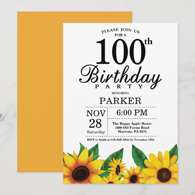 Sonnenblume 100. Geburtstag Einladung (Vorne/Hinten)