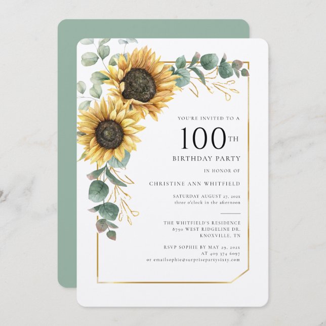 Sonnenblume 100. Geburtstag Einladung (Vorne/Hinten)