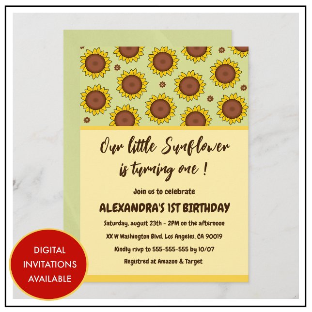 Sonnenblume 1. Geburtstag Einladungen niedlich mod (sunflower-1st-birthday-invitations-cute-modern-1)
