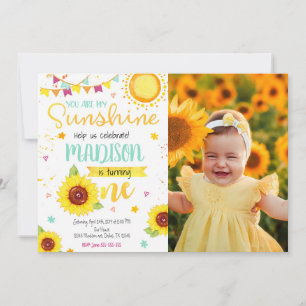 Sonnenblume 1. Geburtstags-Fotoeinladung für ein M Einladung