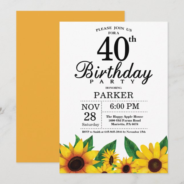 Sonnenblume 40. Geburtstag Einladung (Vorne/Hinten)