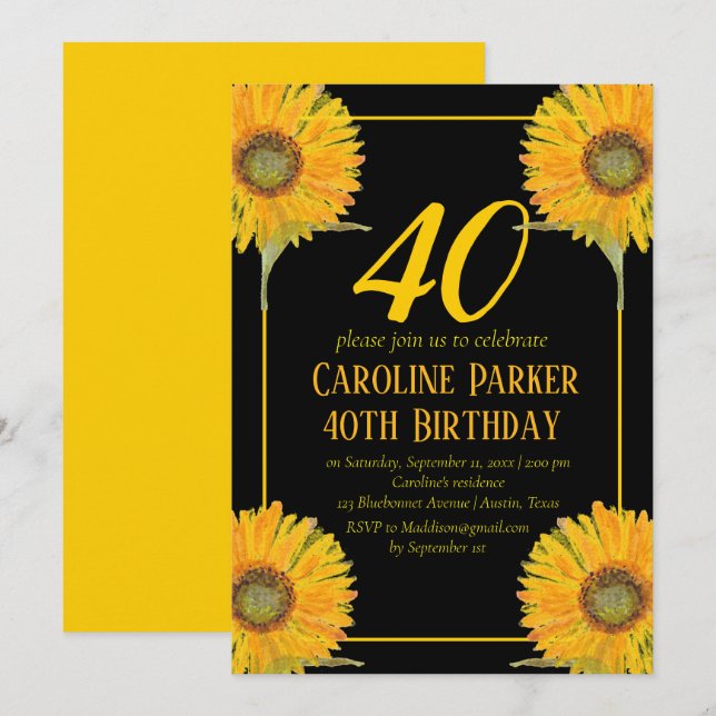 Sonnenblume 40. Geburtstag Gelbes Blütenerwachsen Einladung (Vorne/Hinten)