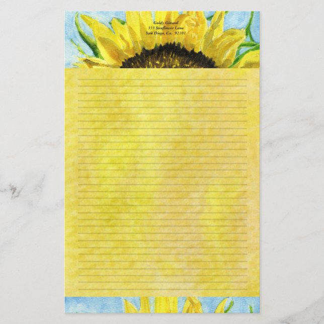 Sonnenblume 4 Wasserfarben Personalisiert Stationä Briefpapier (Vorderseite)