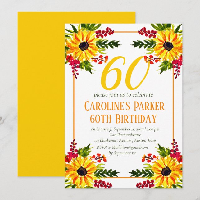 Sonnenblume 60. Geburtstag Gelbes Blütenerwachsen Einladung (Vorne/Hinten)