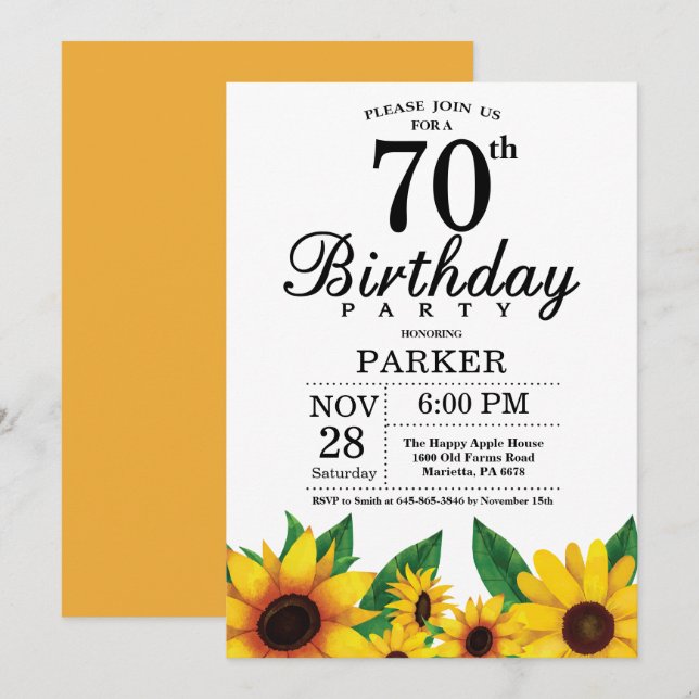 Sonnenblume 70. Geburtstag Einladung (Vorne/Hinten)