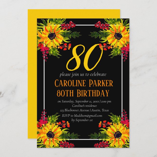 Sonnenblume 80. Geburtstag Gelbes Blütenerwachsen Einladung (Vorne/Hinten)