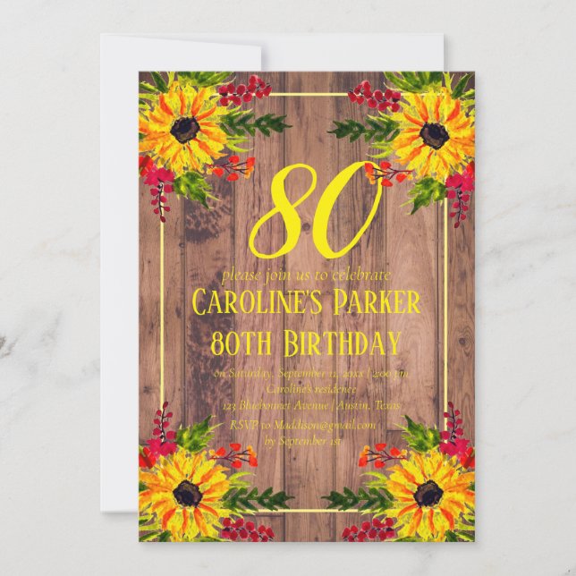 Sonnenblume 80. Geburtstag Wood Floral Adult Einladung (Vorderseite)