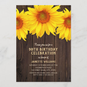 Sonnenblume 90. Geburtstagsparty Rustikales Holz Einladung