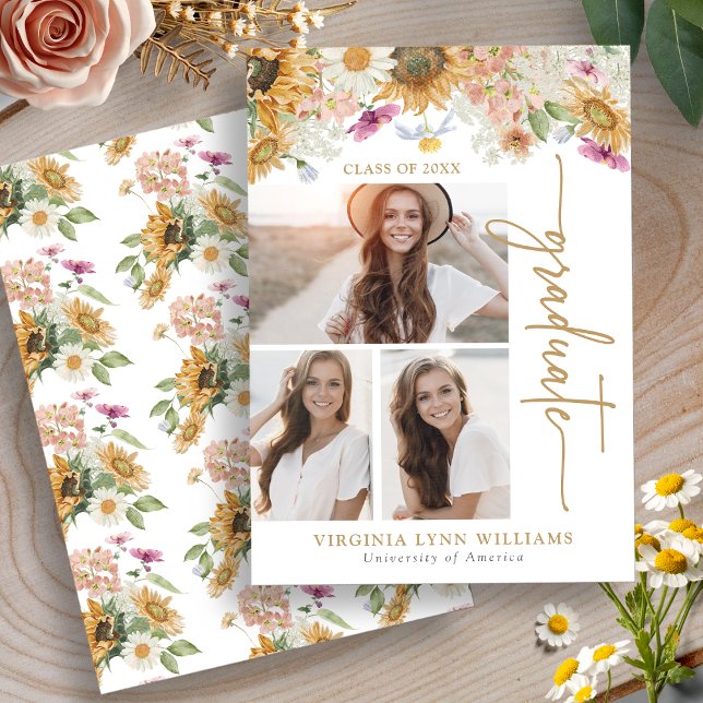 Sonnenblume Abschluss Ankündigung (Sunflower Photo Collage Graduation Announcement by Painted Paperie
)