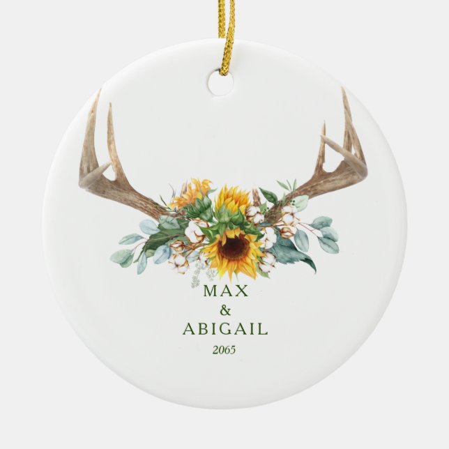 Sonnenblume Antlers Couple 1. Weihnachten Keramik Ornament (Vorne)