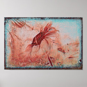 Sonnenblume Aquamarin-braun Sepia Vintage Antique  Poster