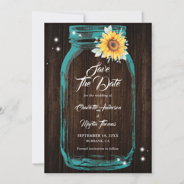 Sonnenblume Aquamarin Wood Mason Jar Wedding Save The Date (Vorderseite)