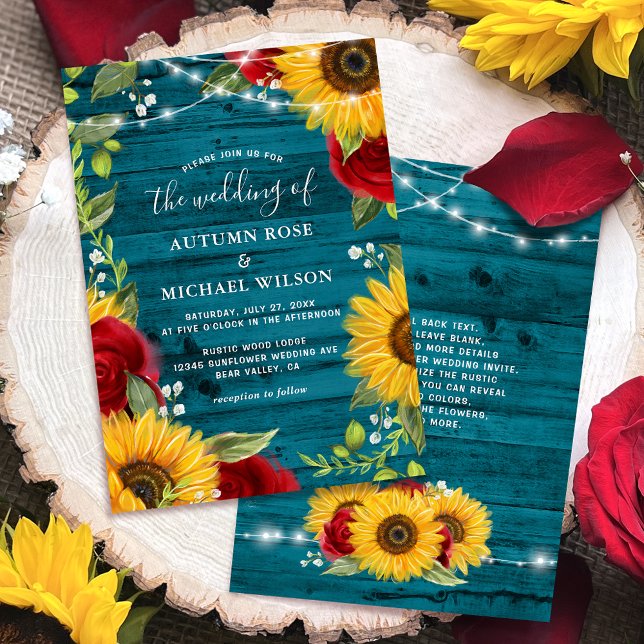 Sonnenblume Aquamarine Burgund Rose Rustikale Holz Einladung (Personalized rustic teal wood, red rose sunflower wedding invitations to celebrate your big day!)