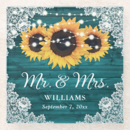 Sonnenblume Aquamarine Rustikale Holzlace Hochzeit Glasuntersetzer