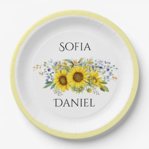 Sonnenblume Aquarell blaue Wildblumen Hochzeit Pappteller