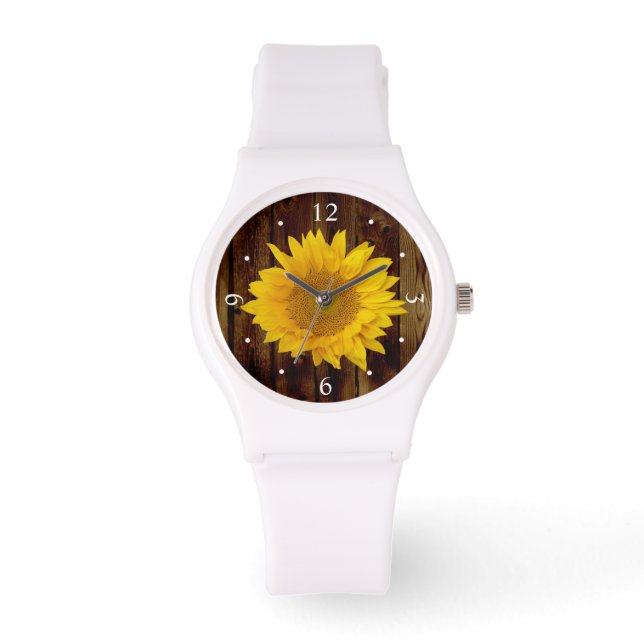 Sonnenblume auf dem Vintagen Land des Stallholzes Armbanduhr (Vorderseite)