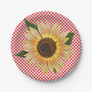 Sonnenblume auf rot-weiß kariert pappteller