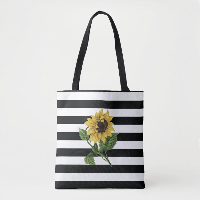 Sonnenblume auf Schwarz-Weiß Streifen Tasche (Vorderseite)