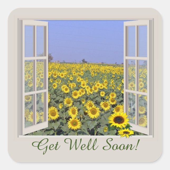 Sonnenblume aus Sonnenblumen durch offenes Fenster Quadratischer Aufkleber (Vorderseite)