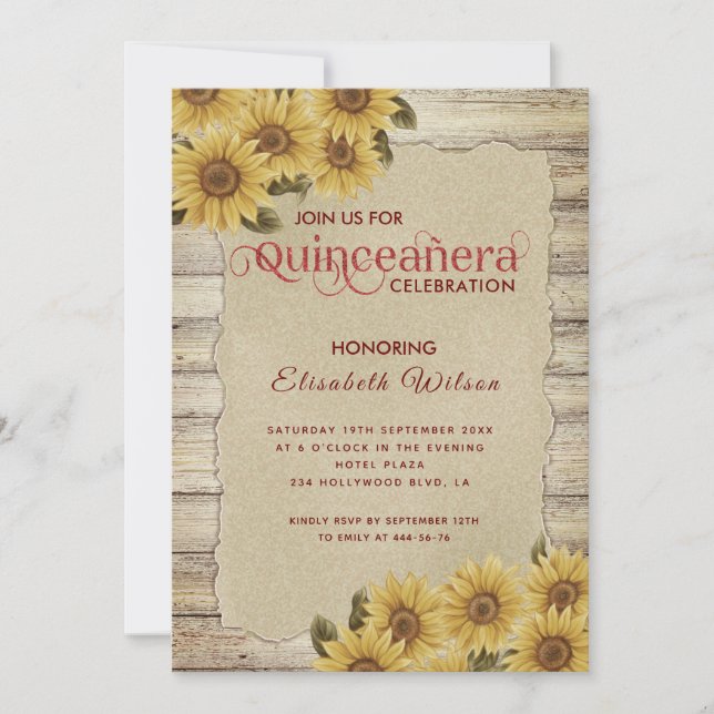 Sonnenblume aus Vintagem Holz Einladung (Vorderseite)