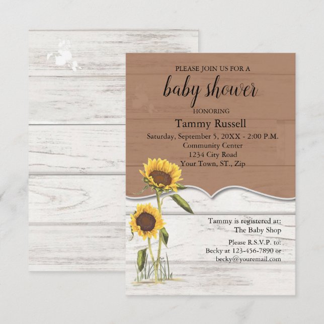 Sonnenblume Babydusche Whitewusch Barn Wood RSVP Karte (Vorne/Hinten)
