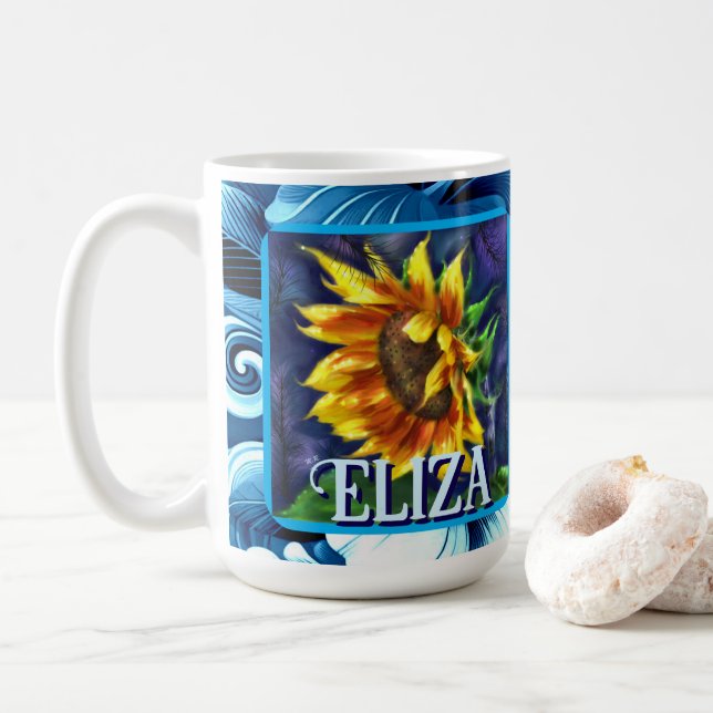 Sonnenblume bei Nacht Blumen Blumenmuster Personal Kaffeetasse (Mit Donut)