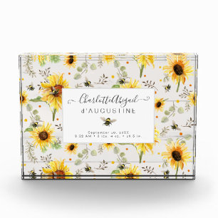 Sonnenblume Biene Rustikales Holz Gelb Birth Stats Fotoblock