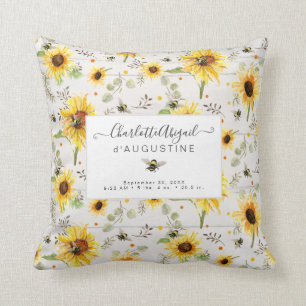 Sonnenblume Biene Rustikales Holz Gelb Birth Stats Kissen