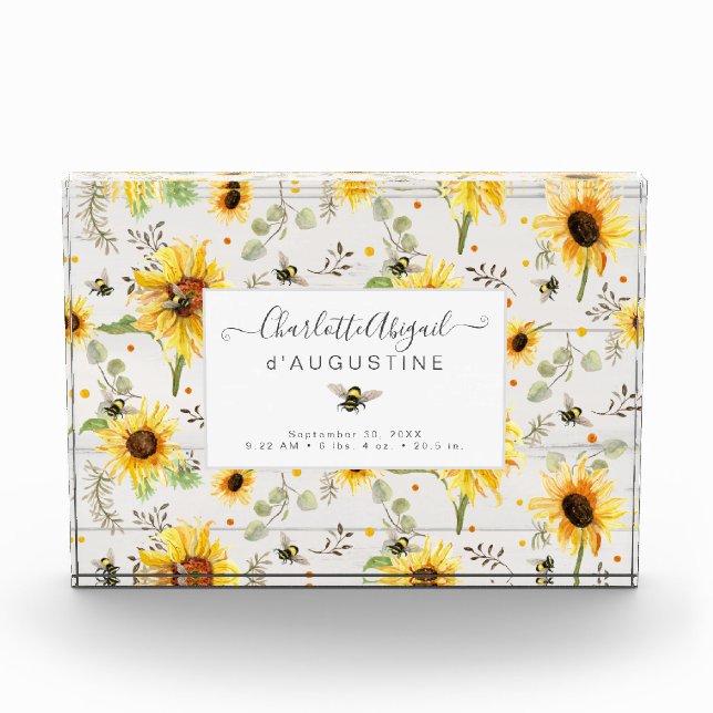 Sonnenblume Biene Rustikales Holz Gelbe Birth Stat Fotoblock (Vorderseite)