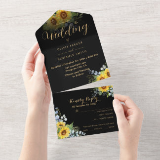 Sonnenblume Black Gold Calligraphy Wedding All In One Einladung