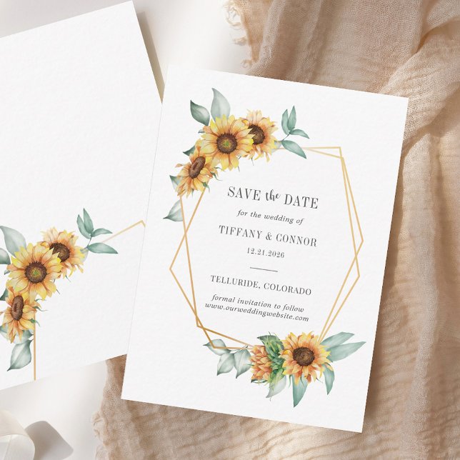 Sonnenblume Bläschen Goldene Geometrie Save the Da Mitteilungskarte (Sunflower Floral Gold Geometric Save The Date Note Card)