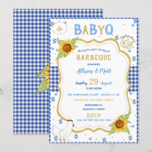 Sonnenblume Blau Gingham Baby Q Barbecue Einladung