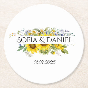 Sonnenblume blau Wildblumen Hochzeit weiß Runder Pappuntersetzer
