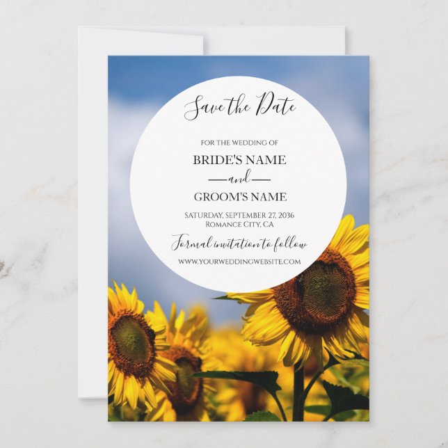 Sonnenblume Blauer Himmel Rustikale Hochzeit Save The Date (Vorderseite)