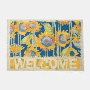 Sonnenblume-Blumenmuster-Blau-Willkommen Fußmatte