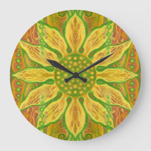 Sonnenblume böhmische Blumenkunst gelb-grün orange Große Wanduhr