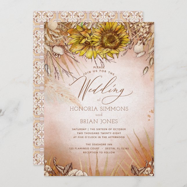 Sonnenblume Boho Beauty Wedding Einladung (Vorne/Hinten)