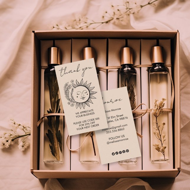 Sonnenblume Boho Chic Elegante soziale Ikonen Raba Visitenkarte (Lovely sun and floral design on this custom thank you business card with discount code & social icon)