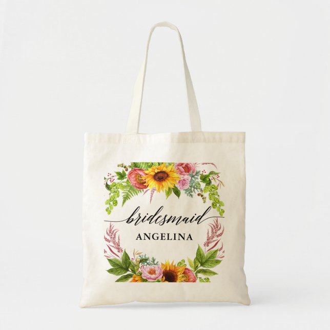 Sonnenblume Boho Floral Calligraphy Bridesmaid Tragetasche (Vorne)