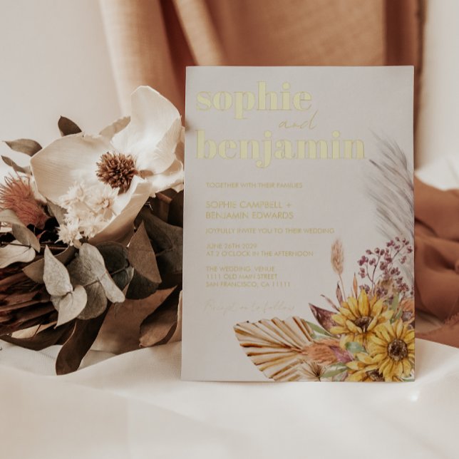 Sonnenblume Boho Pampas Getrocknete Blume Hochzeit Folieneinladung (Von Creator hochgeladen)