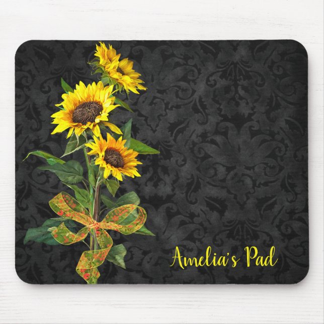 Sonnenblume Bouquet auf Black Damask Mousepad (Vorne)