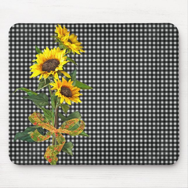 Sonnenblume Bouquet auf Black Gingham Mousepad (Vorne)