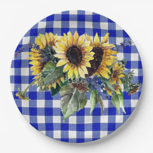 Sonnenblume Bouquet auf Blue Gingham Pappteller