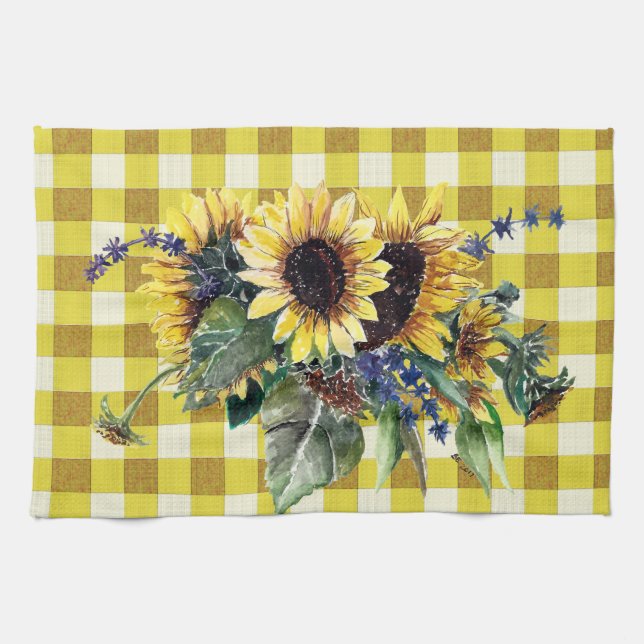 Sonnenblume Bouquet auf Yellow Gingham Handtuch (Horizontal)