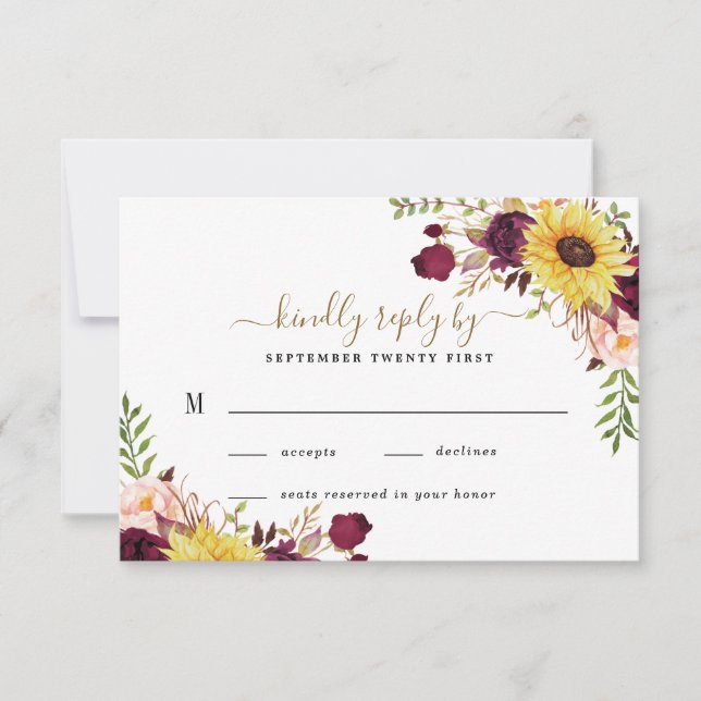 Sonnenblume Burgund Gold Blush Peony Rose Hochzeit RSVP Karte (Vorderseite)