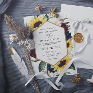 Sonnenblume Burgund Navy Blau QR-Code Hochzeit Einladung