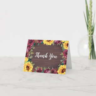 Sonnenblume Burgund Rose Border Wood Wedding Dankeskarte