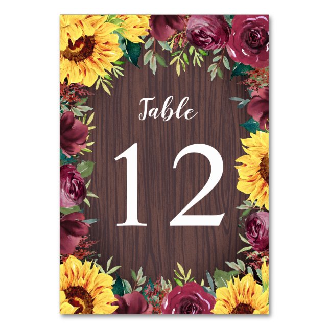 Sonnenblume Burgund Rose Border Wood Wedding Tischnummer (Vorderseite)
