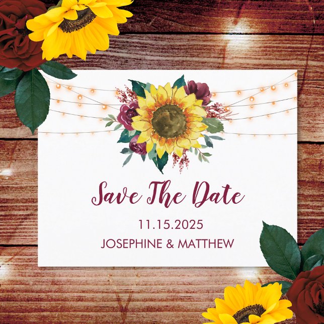 Sonnenblume Burgund Rose Leuchten Save the Date Ankündigungspostkarte (Von Creator hochgeladen)