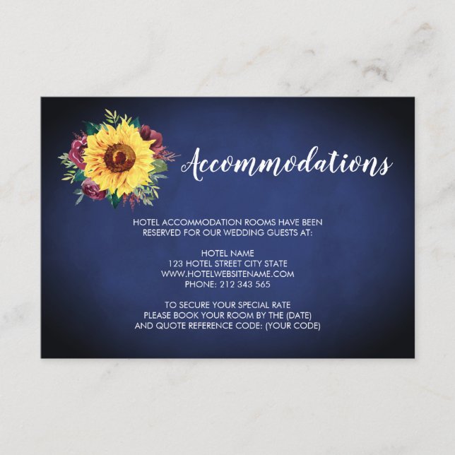 Sonnenblume Burgund Rose Navy Hochzeitsunterkunft Begleitkarte (Vorderseite)